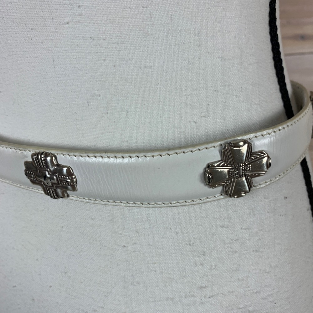 Fossil Belt Women Medium White Vintage Western Cross Concho Leather Cowgirl - Picture 5 of 12